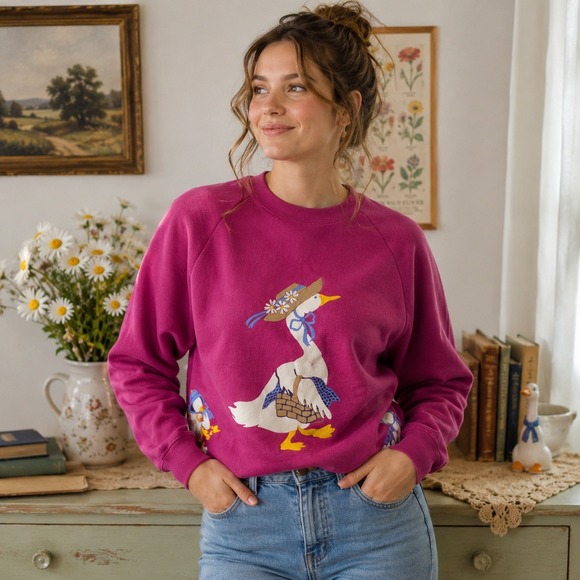 Jerzees Tops - Vintage 80s Jerzees Goose Sweatshirt M 38-40 Pink Cottagecore USA Made READ
